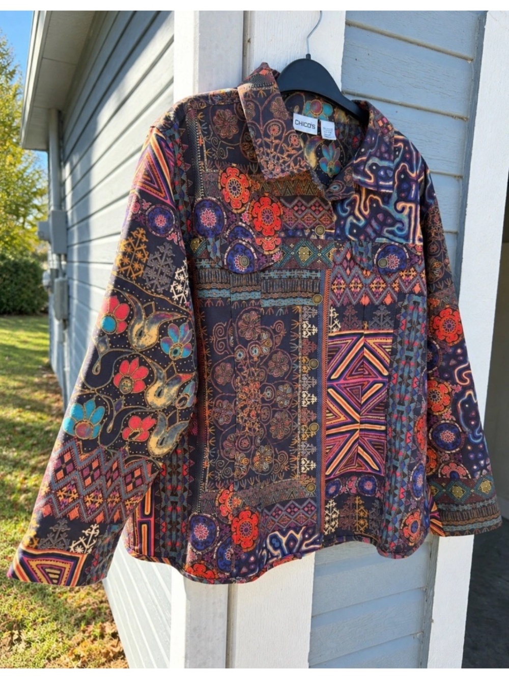 Vintage Y2K Chico’s Size 3 Art to Wear Patchwork Tapestry Boho Jacket